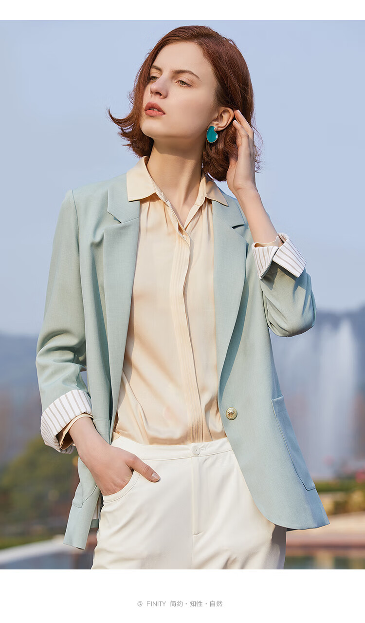 菲妮迪finity2021年春装新款休闲西装外套女时尚职业西服豆绿色宽松