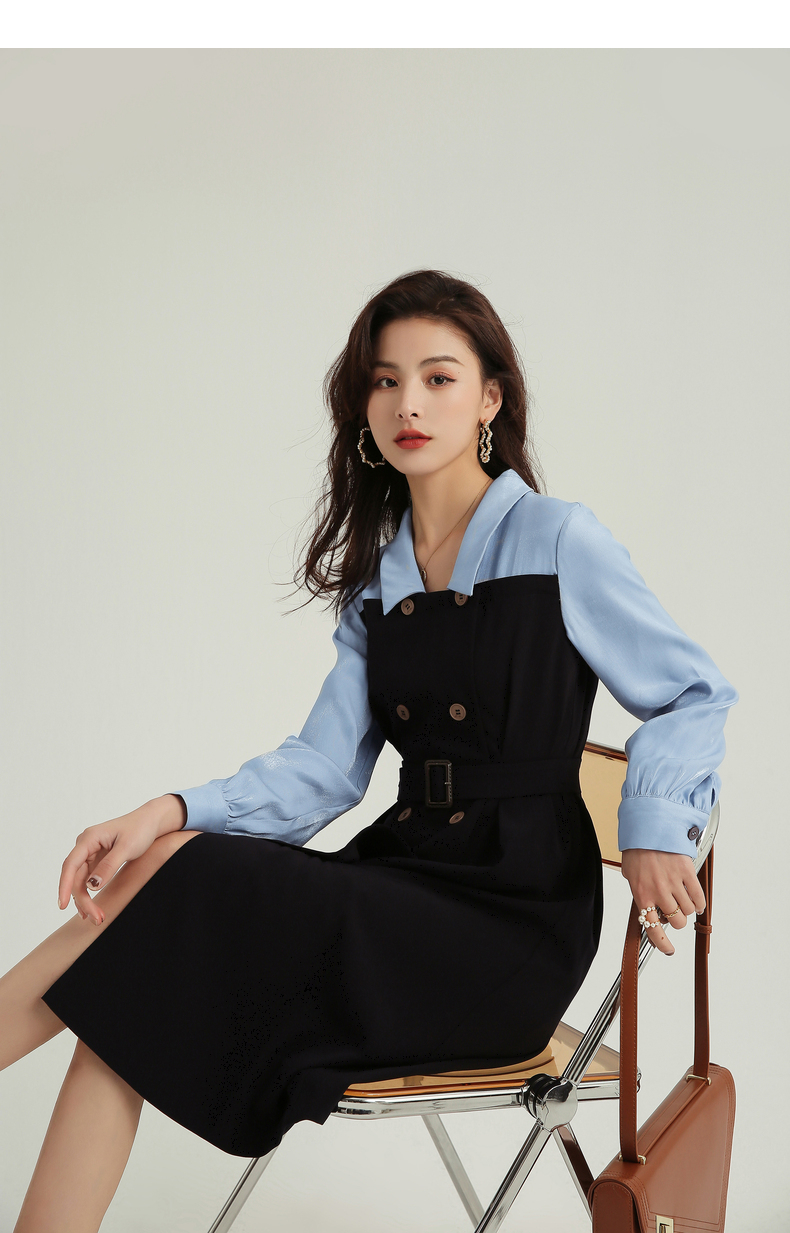 anneklein连衣裙2021秋季新款女装拼接假两件气质时尚冷淡风裙子藏青l