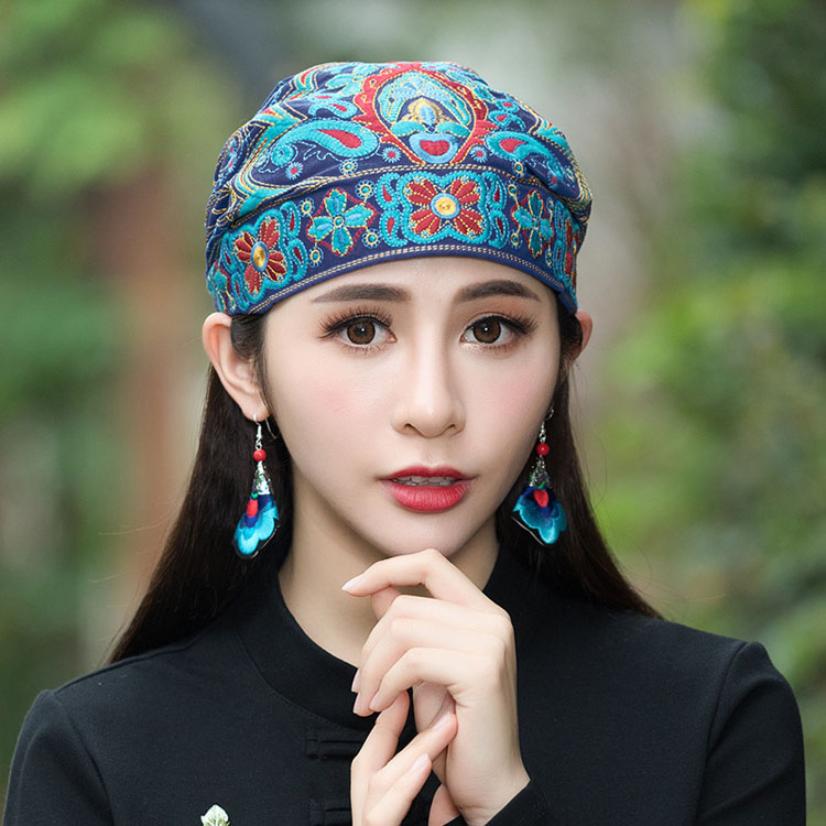 民族风刺绣发带帽子女棉麻布艺发带帽子妈妈遮白发宽头巾发箍发套帽女