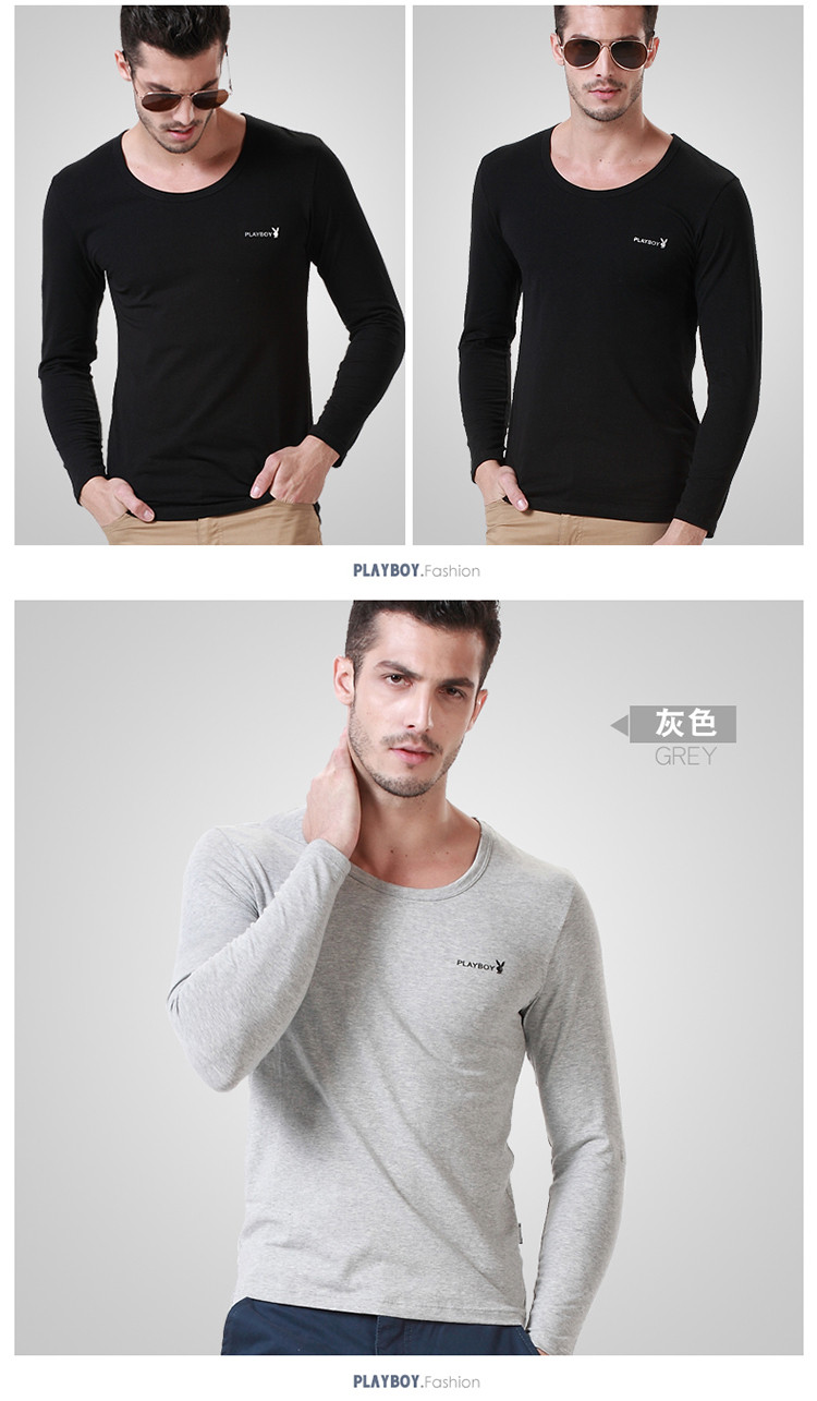 花花公子(playboy)秋衣男士棉莱卡秋衣单上衣圆领打底保暖内衣上身内