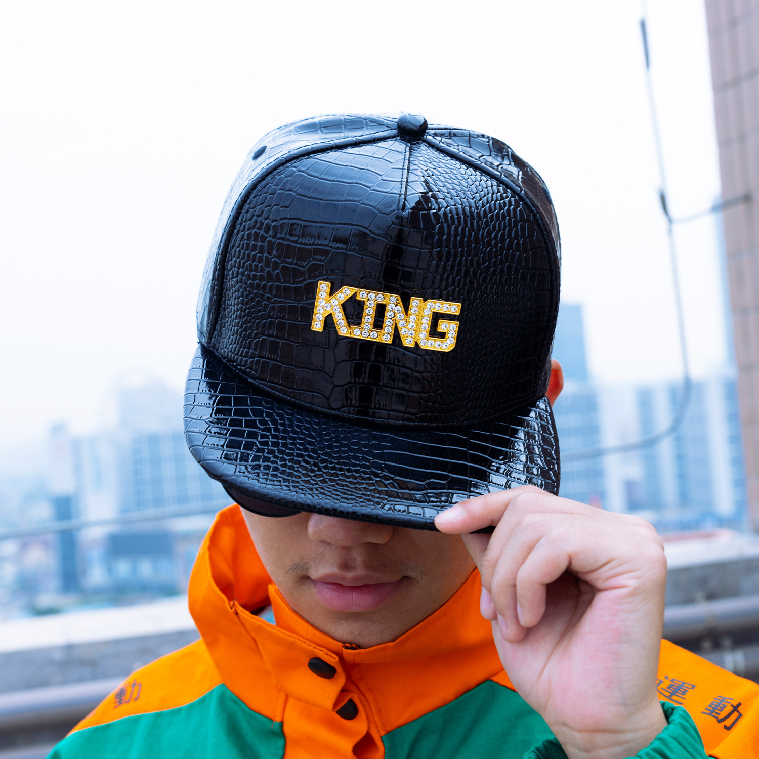 rogosky 专柜潮牌男士春夏新款欧美嘻哈king帽子优质pu皮平沿斜纹棒球