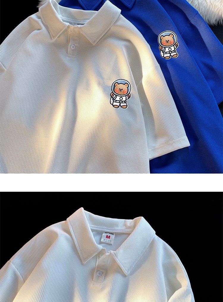 迈彦婧太空熊华夫格冰丝短袖t恤男夏季宽松学生衣服ins潮流半袖潮白色