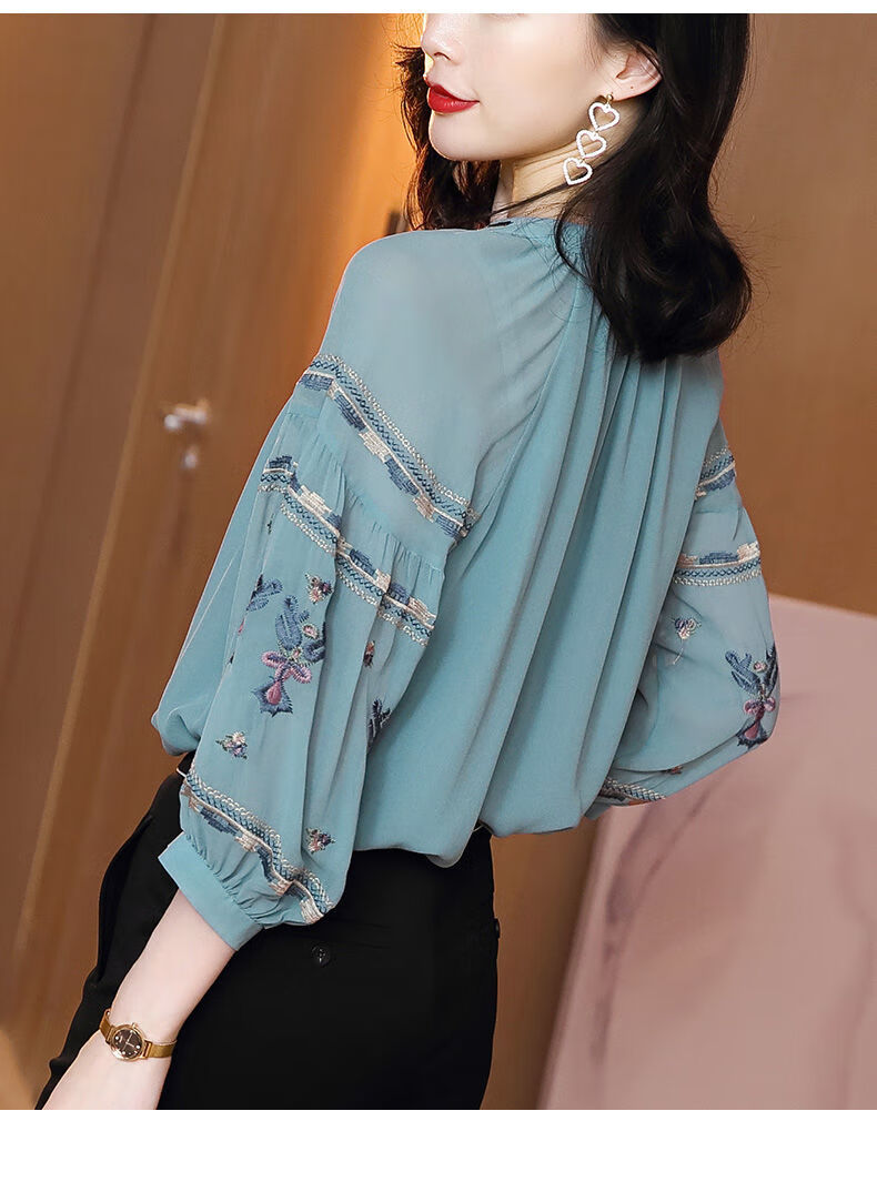 真丝桑蚕丝衬衫女春夏2021新款设计感复古刺绣七分袖宽松女士上衣图片