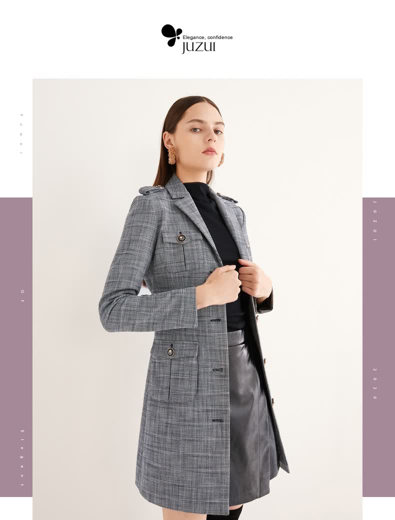 juzui/玖姿官方店女装2020秋季新款翻复古时尚千鸟格风衣女 格黑 4xl