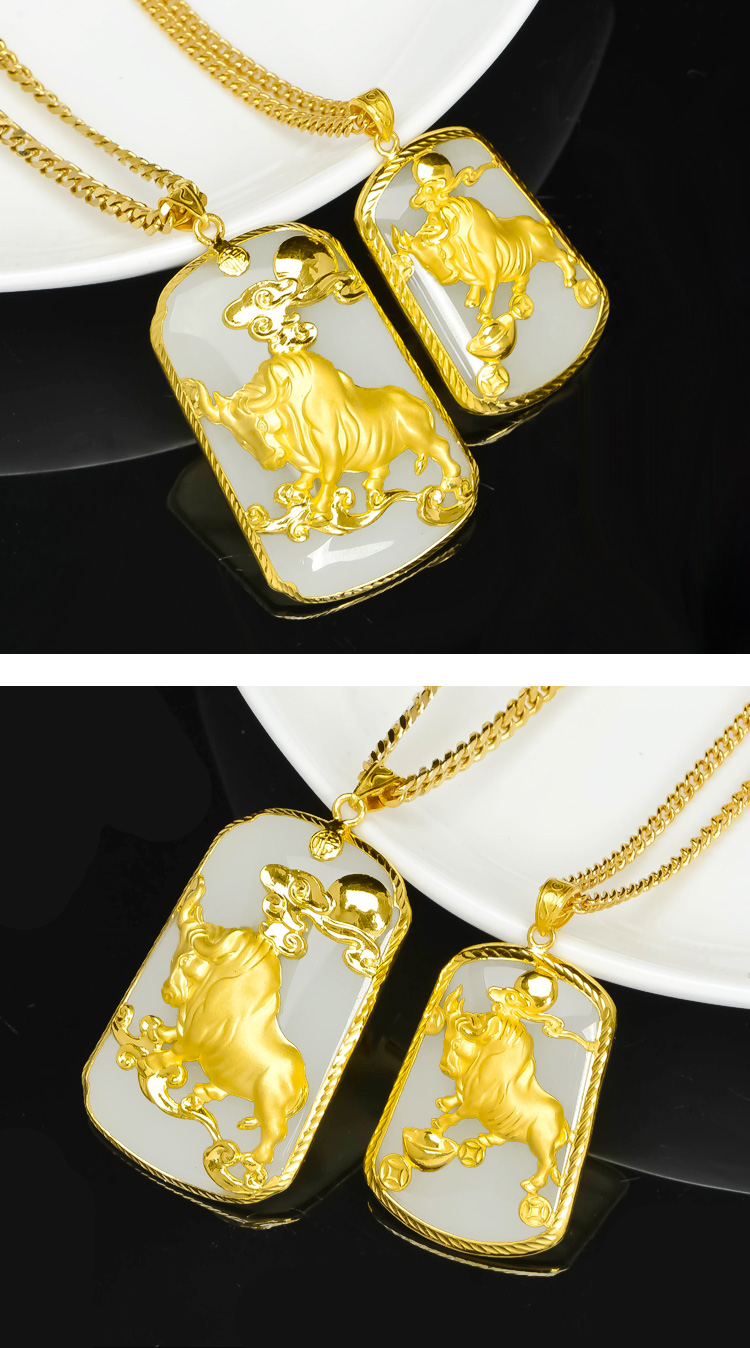 珠宝999足金和田玉生肖黄金本命年吊坠金牛玉牌金镶玉守护神 小号金牛