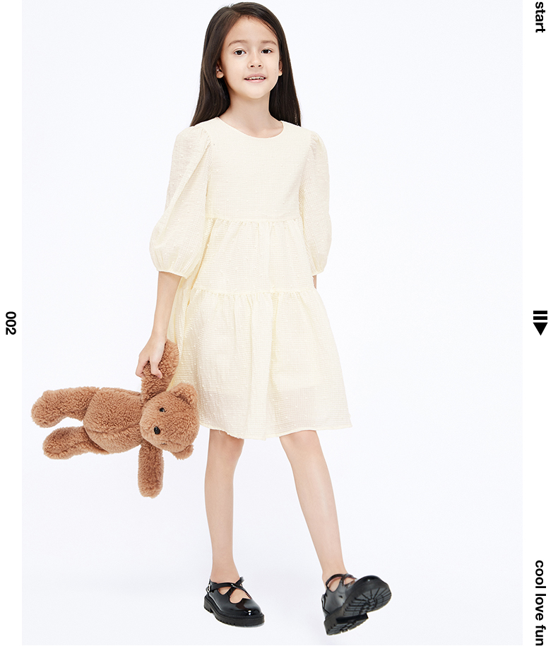 littlemoco童装21春装新款女童公主泡泡袖连衣裙过年裙 米杏色 130cm