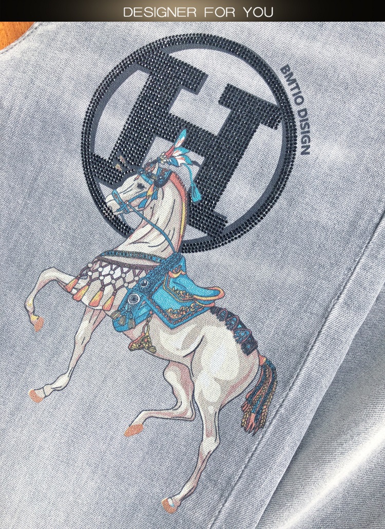 naelk 轻奢原创潮牌夏季烫砖牛仔裤男欧洲站高端战马印花镶钻男士牛仔