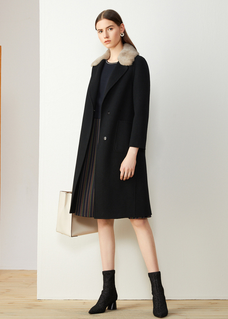 yiner音儿女装2019冬季新款可拆卸水貂毛领纯羊毛双面呢大衣 米色 155