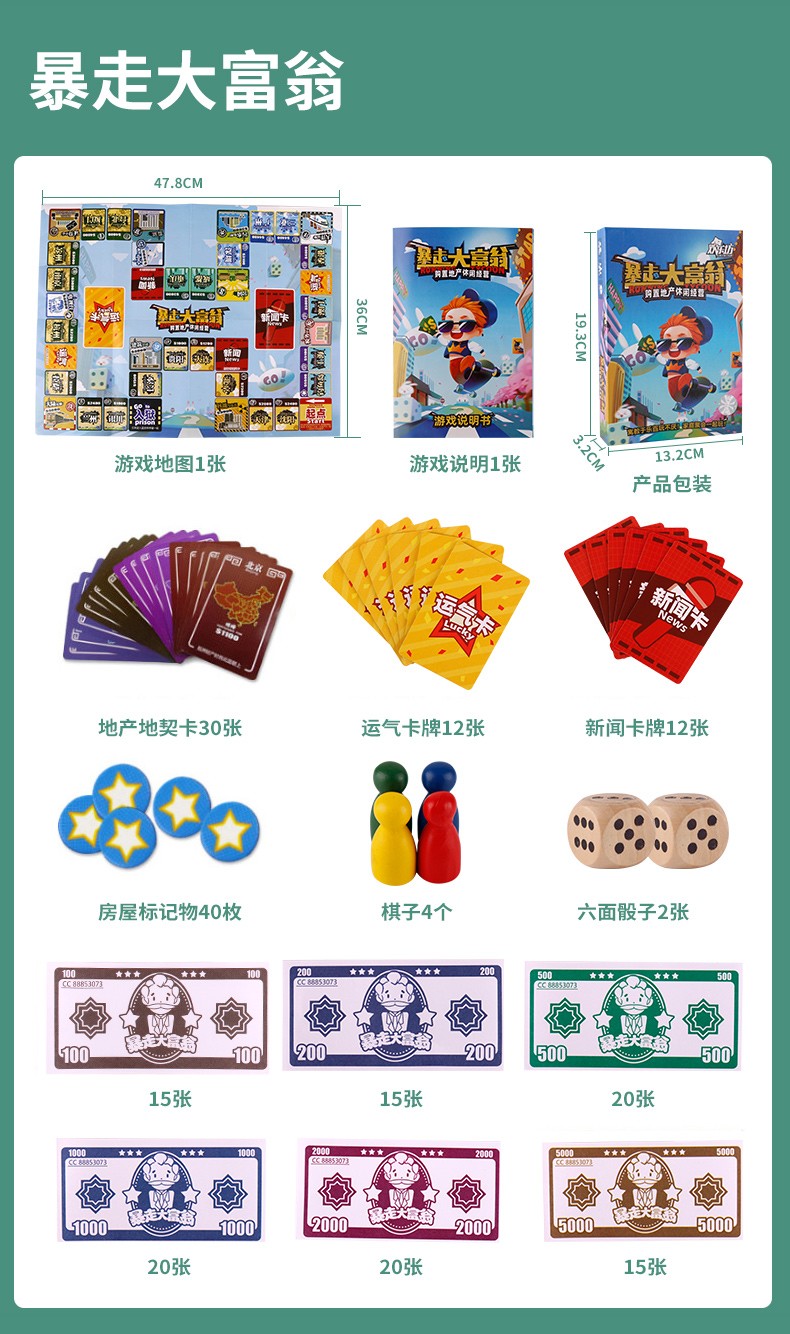 地产大亨古玩大亨暴走大富翁强手棋桌游卡牌儿童亲子游戏棋暴走大富翁