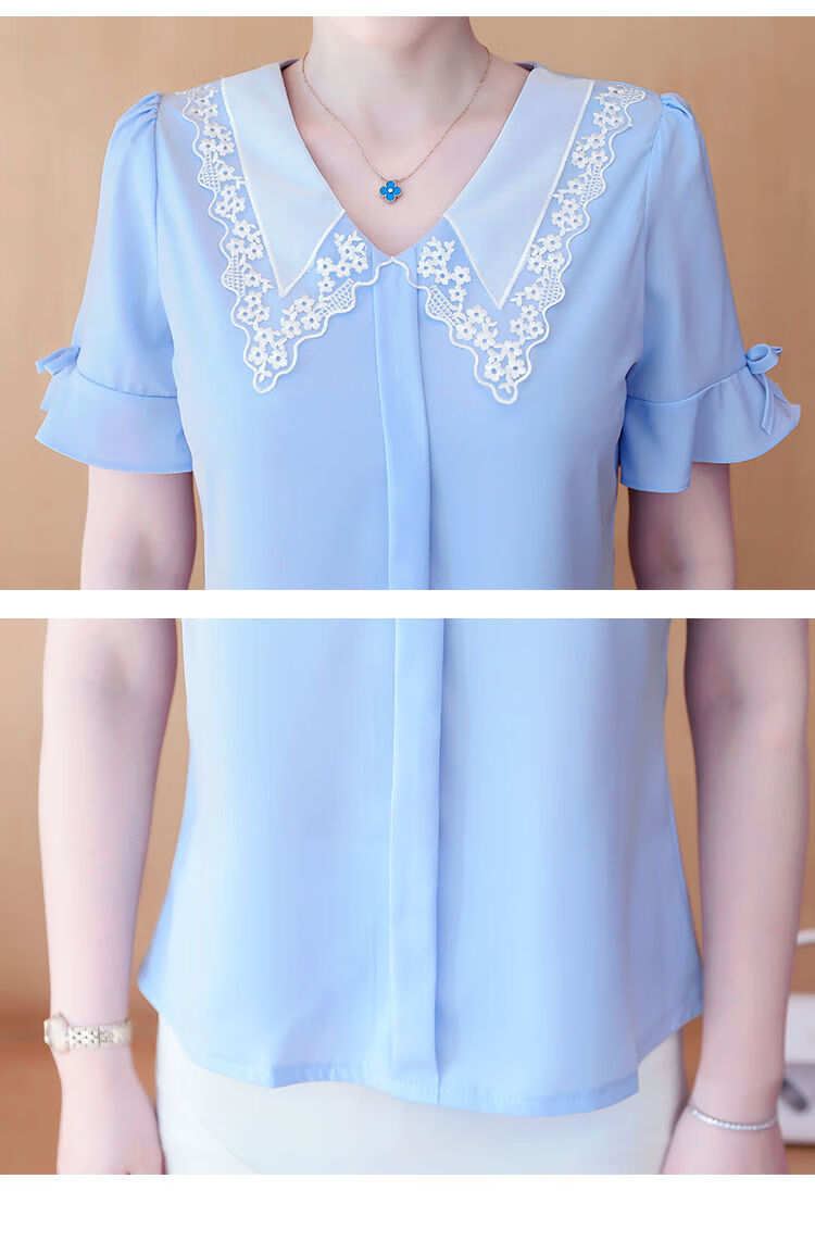 2021新款洋气时尚花边领上衣短袖娃娃领雪纺衬衫气质喇叭袖女 浅蓝色