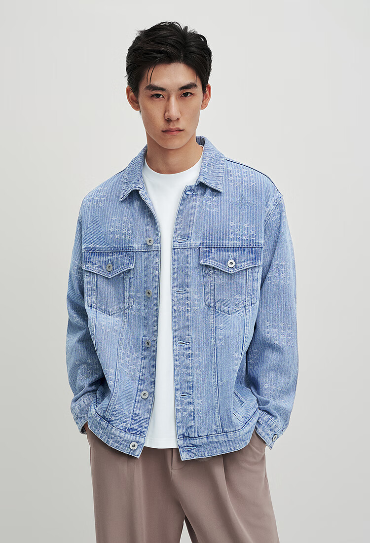 Peacebird Men's Textured Denim Jacquard Autumn Loose Casual Jacket Blue L 2