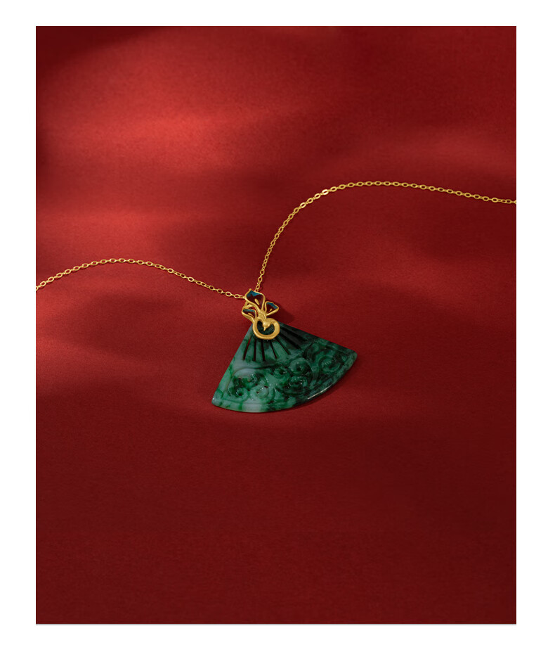宫典珠宝扇子形翡翠吊坠s925银项链女宫廷复古风旗袍汉服锁骨链古法金