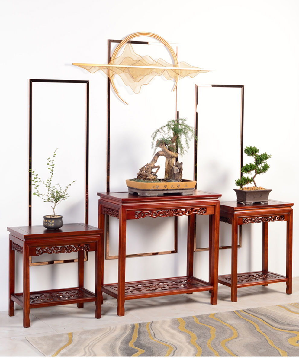 木架客厅鱼缸架盆景观赏奇石桌中式石头摆台底座摆件展示长桌榆木黄色