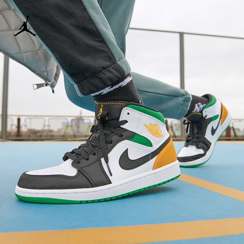 耐克nike 男鞋air jordan 1 mid se aj1中帮白绿橙男子休闲篮球鞋