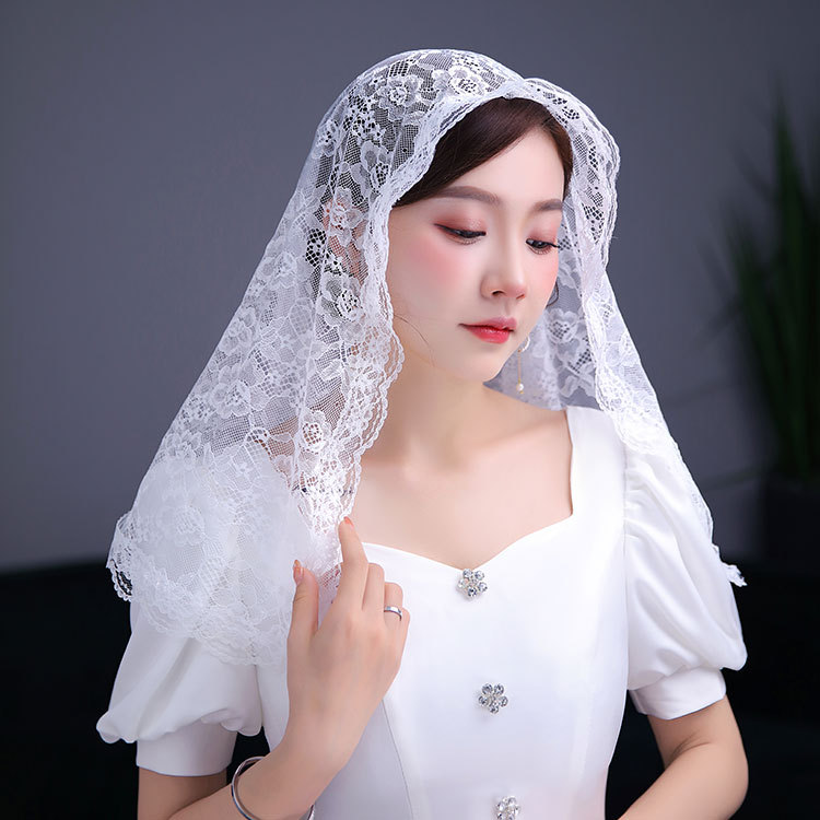 苋钧 新娘蕾丝花边头巾穆斯林头饰头纱短款纱披肩单层遮面纱 白色