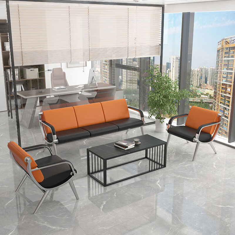 办公沙发简约现代接待室商务沙发组合三人座铁艺沙发办公会客 全黑色