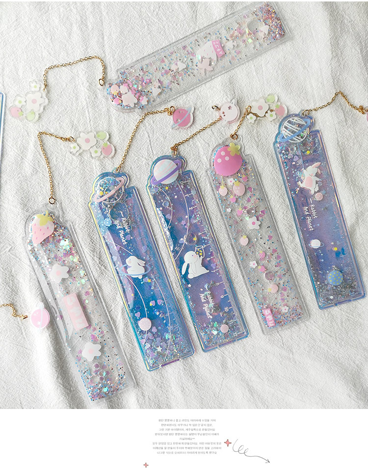 少女心入油流沙书签尺兔子挂坠多功能刻度尺子学生直尺可爱手帐尺红色