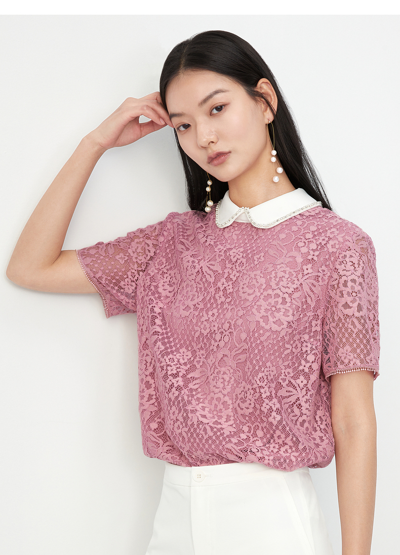 juzui/玖姿2021夏季新款树莓色翻领h版型气质上衣女蕾丝小衫 粉红 s