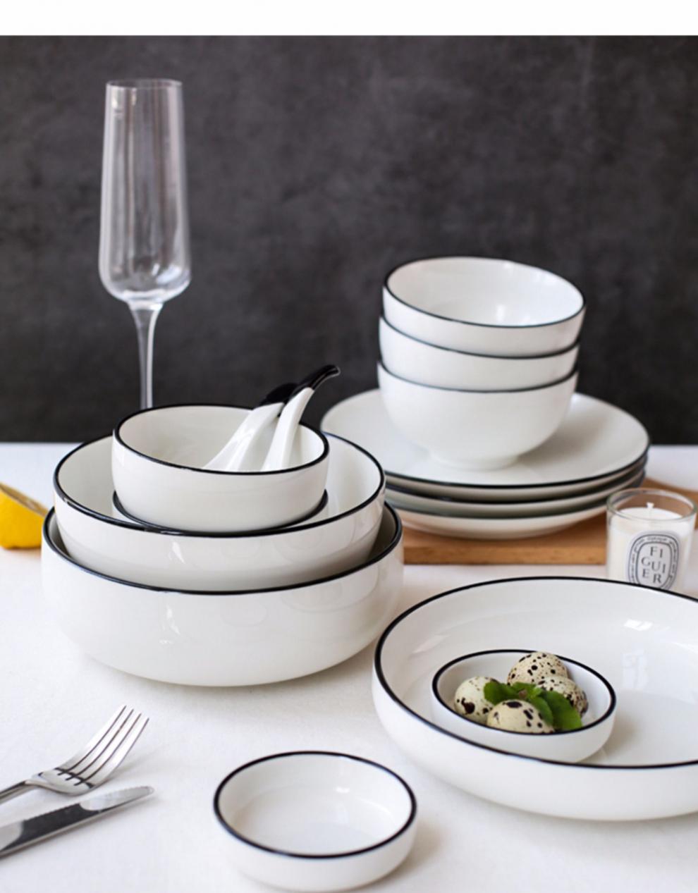 欧式黑线陶瓷餐具碗盘子菜盘碟子单个创意网红北欧餐盘家用 7寸汤碗