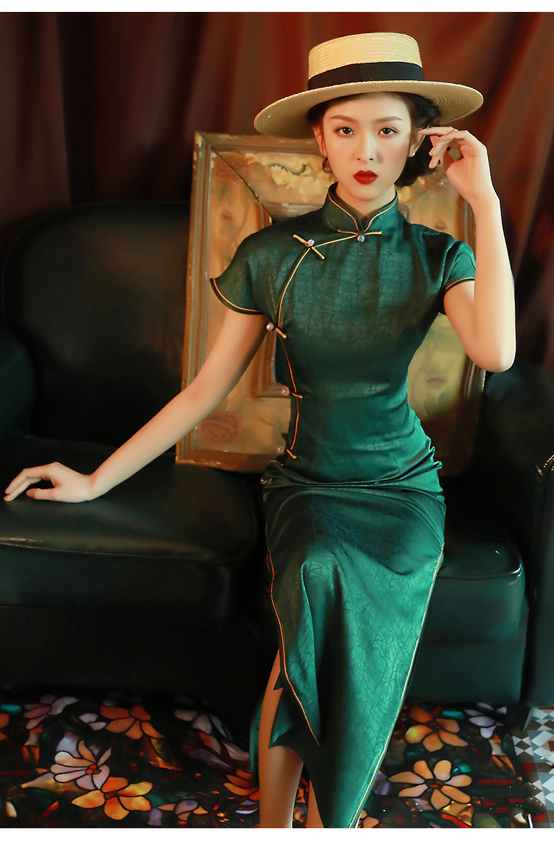 mlcriyg旗袍女品牌高端女装绿色修身高开叉长款女复古中国风老上海