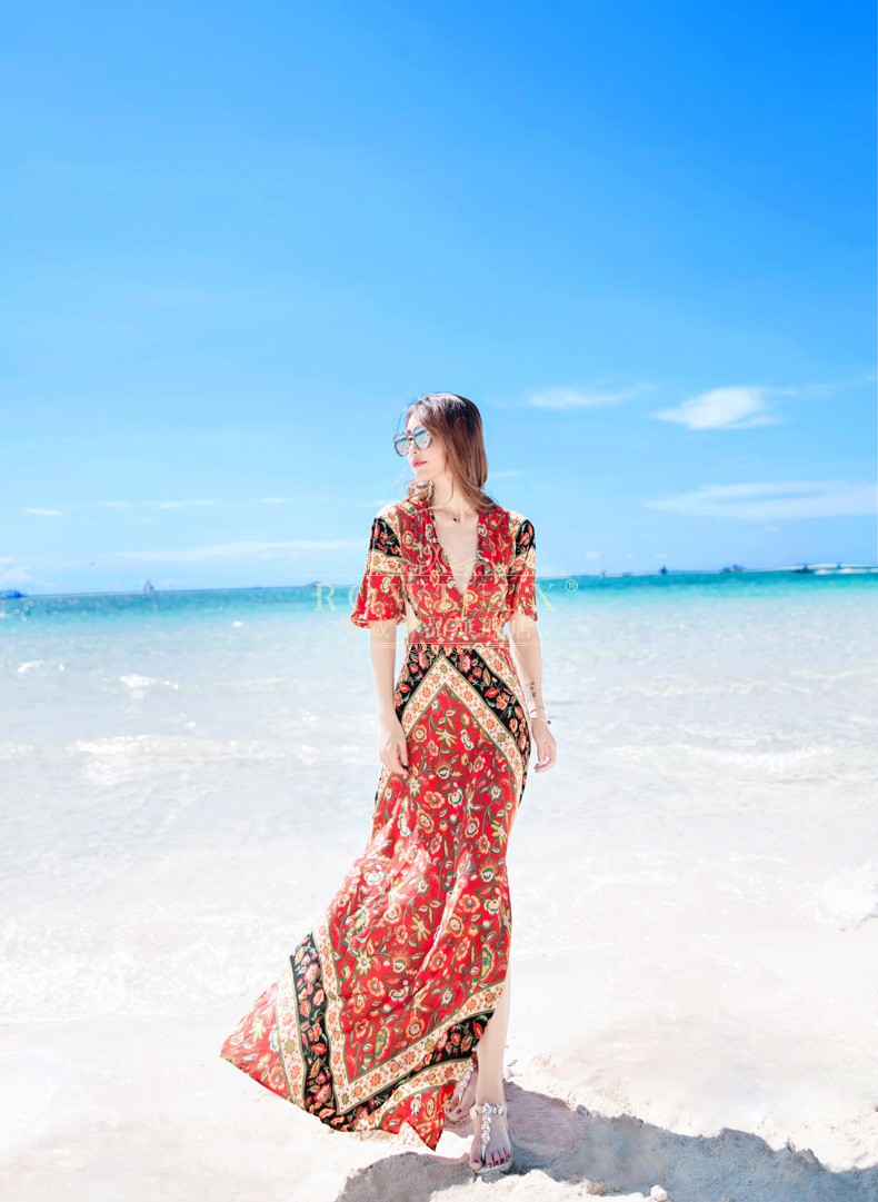 rowilux)品牌印花长裙夏季新款波西米亚露背性感连衣裙海边度假沙滩裙