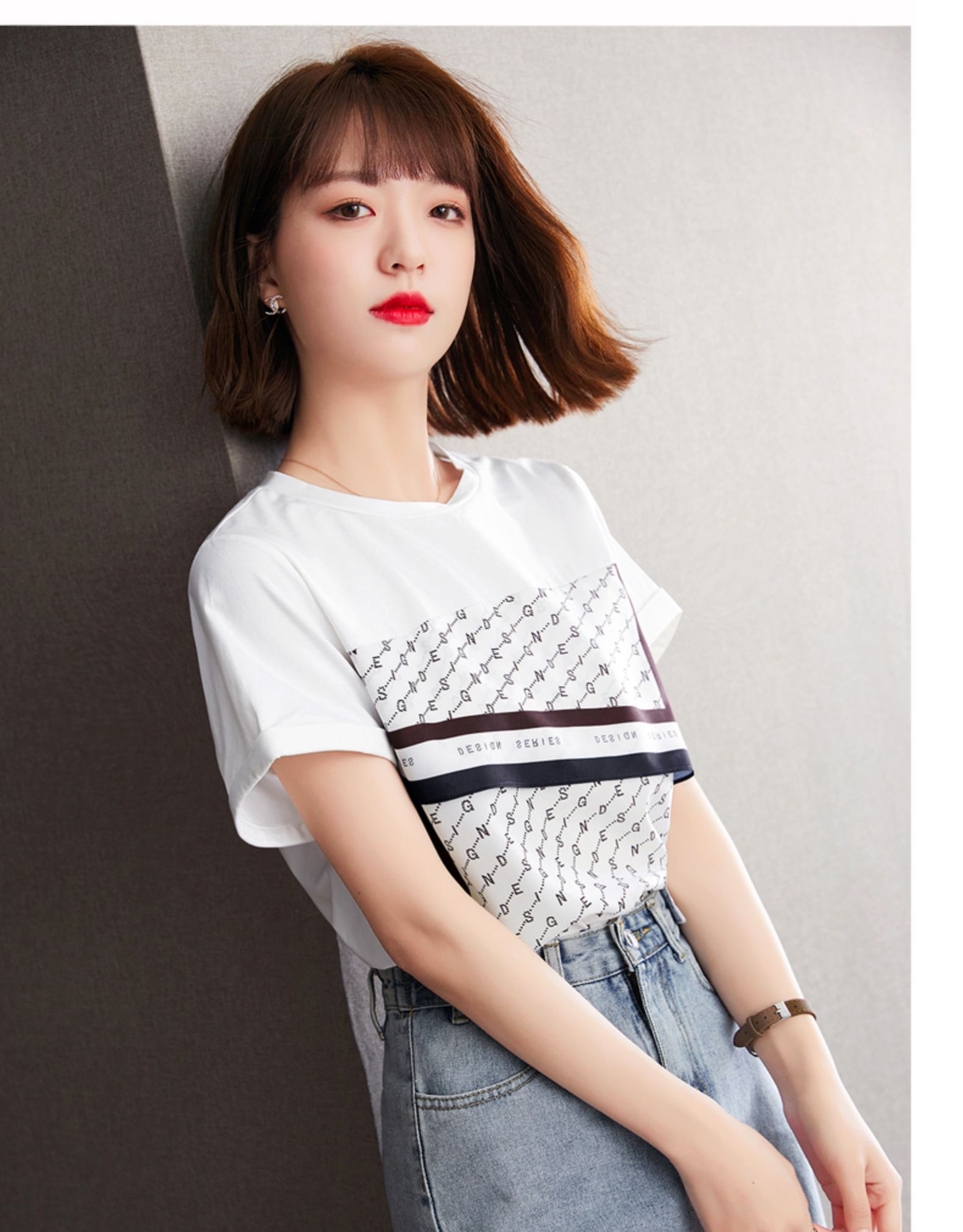 同款2021夏季新款女印花拼接t恤短袖上衣宽松设计感小众圆领半袖女装