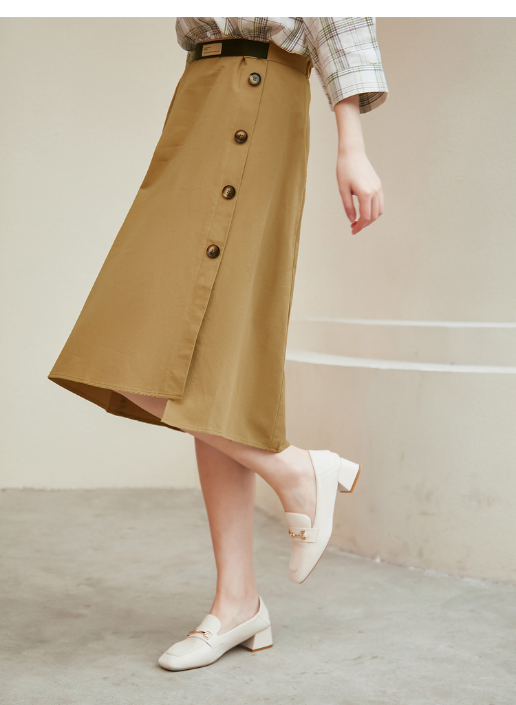 三福2021夏季女装韩版休闲遮肉排扣裙淑女斜纹裙子女439113 黑色 160