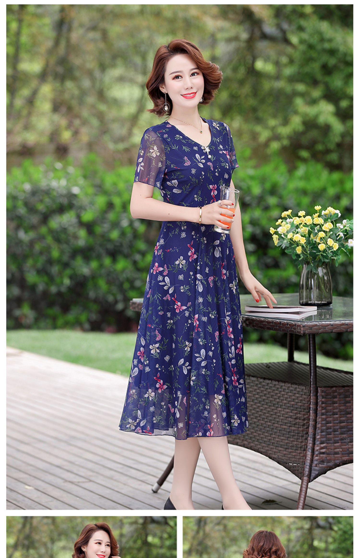 歌汐grxr中年妈妈雪纺连衣裙女2021新款夏季中老年碎花短袖裙子长裙