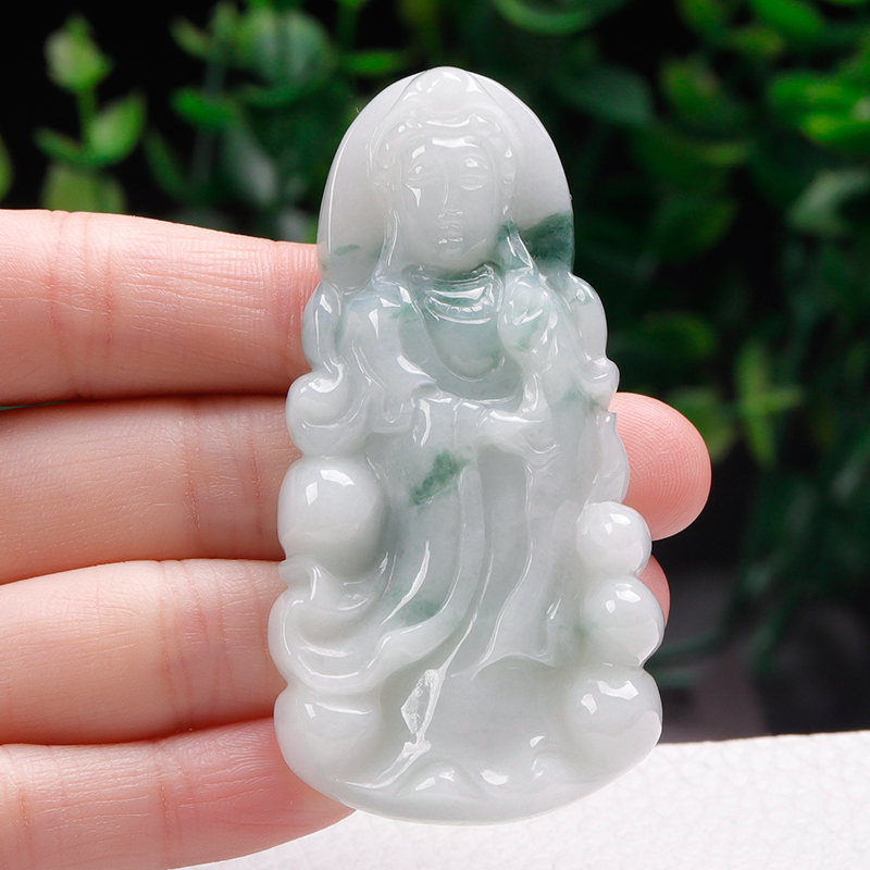 王翠玉器翡翠玉观音吊坠男冰糯种飘绿站立观音菩萨玉石挂件玉坠男女附