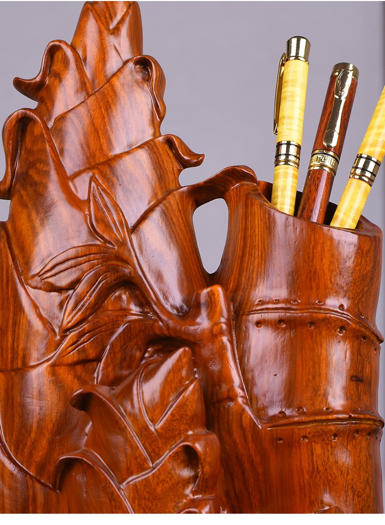 花梨木雕竹子笔筒摆件节节高升家居客厅红木工艺品高档商务礼品 整木