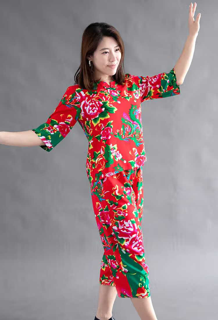 东北大花布衣服 聚会搞笑姐妹装 村姑女民族风舞蹈演出服棉绸套装