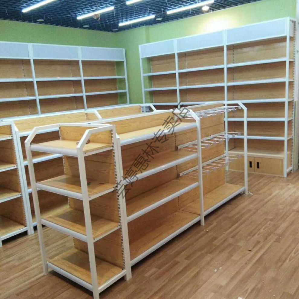 四柱木纹超市货架展示架便利店母婴店文具店商店药店百货零食货架单面