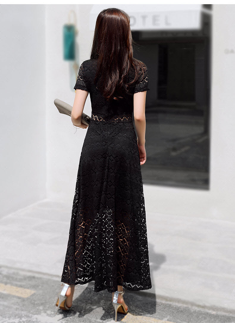 sincyc香港潮牌女装黑色蕾丝连衣裙夏季气质镂空长款到脚踝修身显瘦v