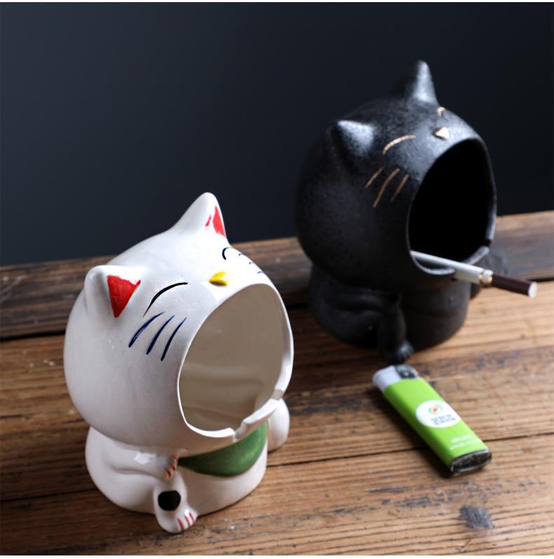 worms家用办公可爱卡通猫烟灰缸创意个性陶瓷大烟缸潮流车载防风防飞