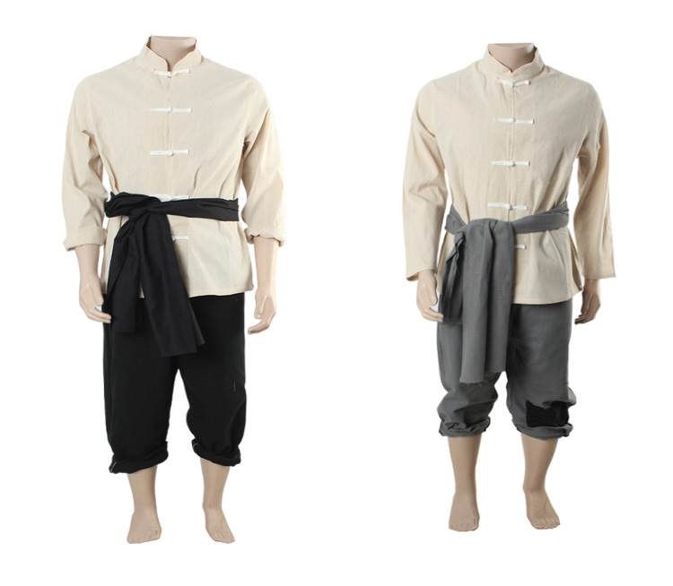 农民服装民国马褂男古装风小二粗布土衣服乳白色仿羊毛褂黑裤165码