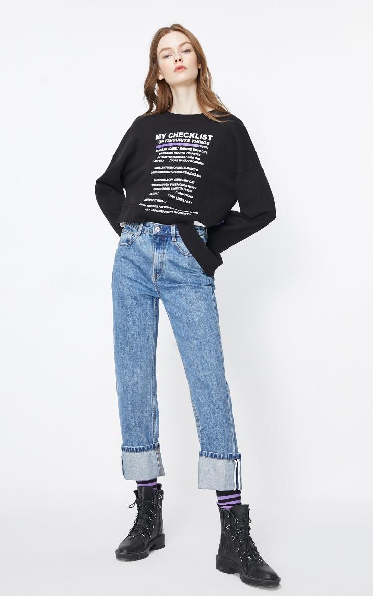 only2020春季新款宽松高腰显瘦九分牛仔裤女120149640 810洗水牛仔蓝