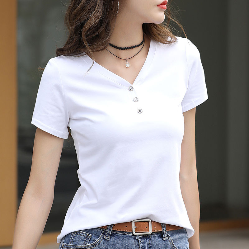 纯棉t恤女短袖2021新款夏季修身v领白色上衣时尚半袖夏天体恤衫 白色