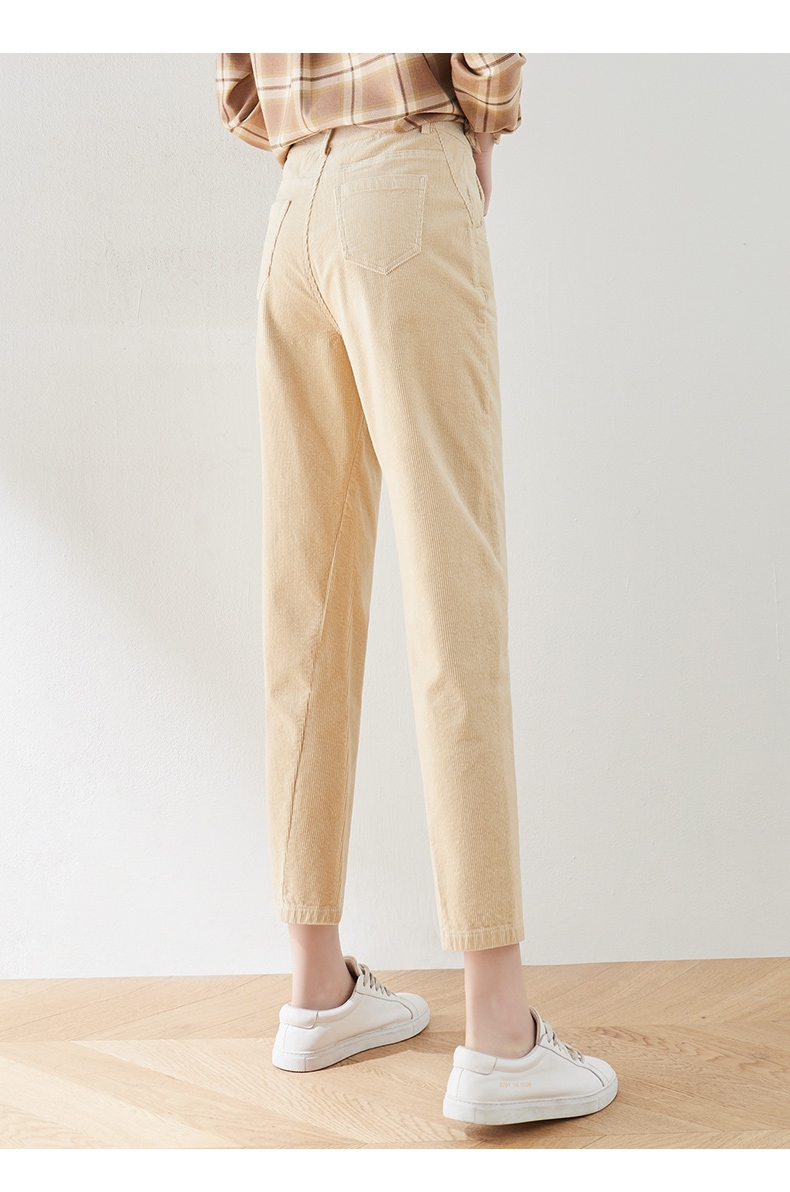 娅丽达米色裤子条绒休闲裤女2021年秋季新款小个子九分哈伦老爹裤