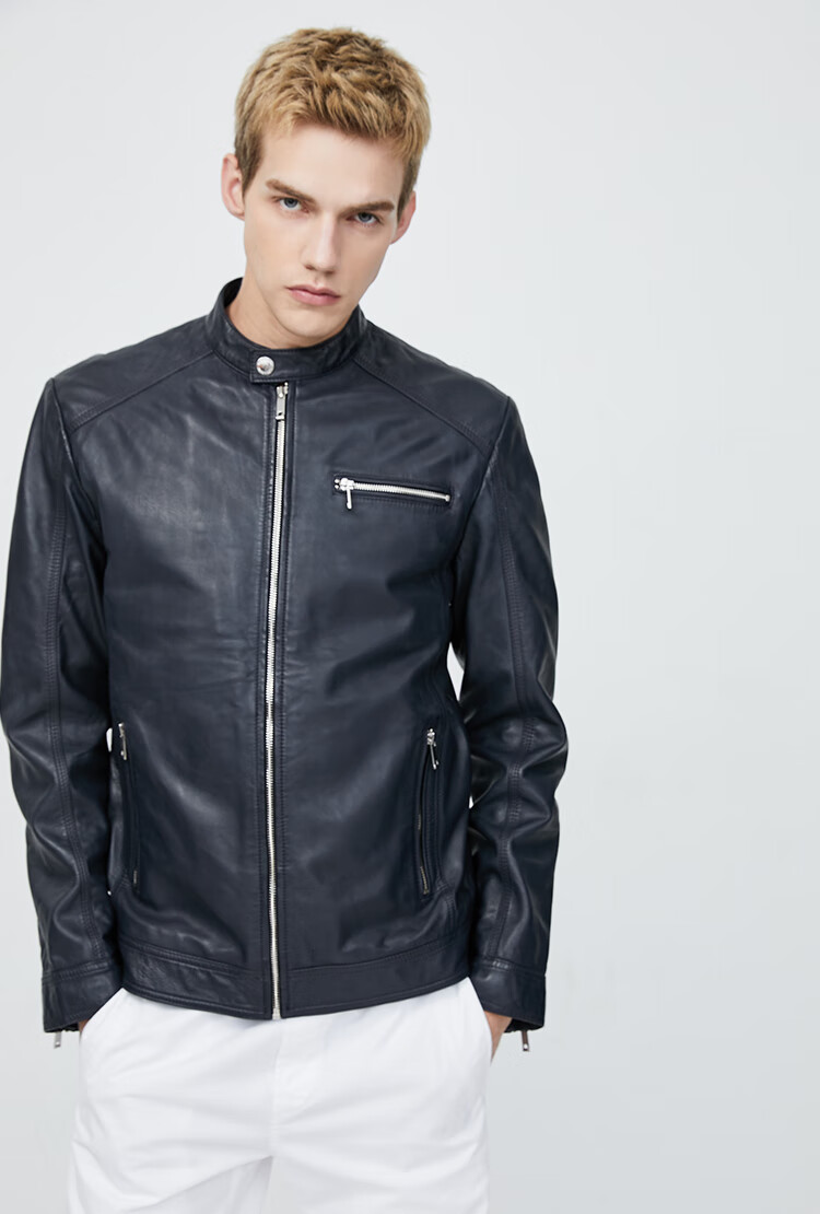 jackjones杰克琼斯春季男休闲绵羊皮革立领皮衣夹克外套