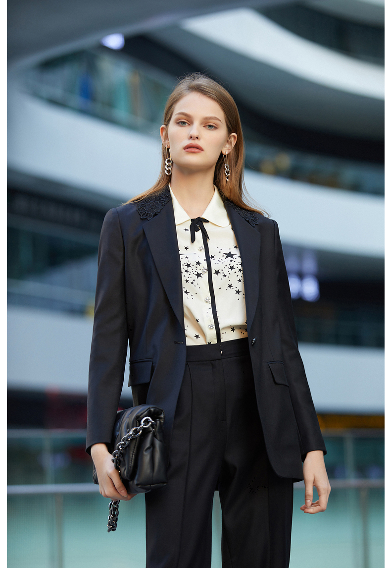 朗姿进口蕾丝拼接小西服2021年春季新款黑色职业西装套装外套女黑色2