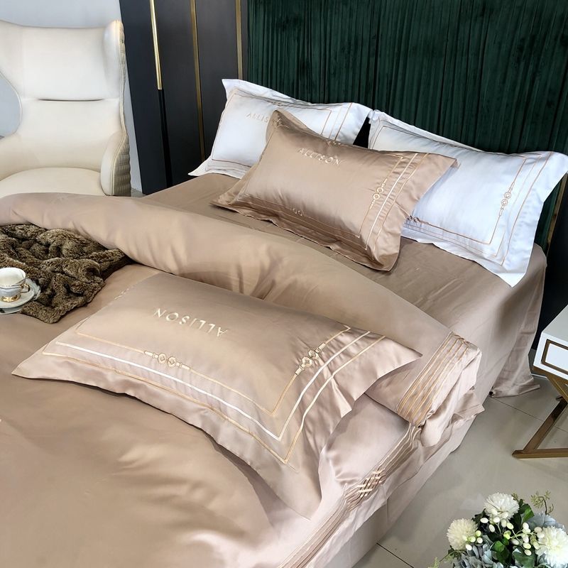 鹏成家纺四件套纯棉床笠款高端纯色简约刺绣现代轻奢风全棉五星级酒店