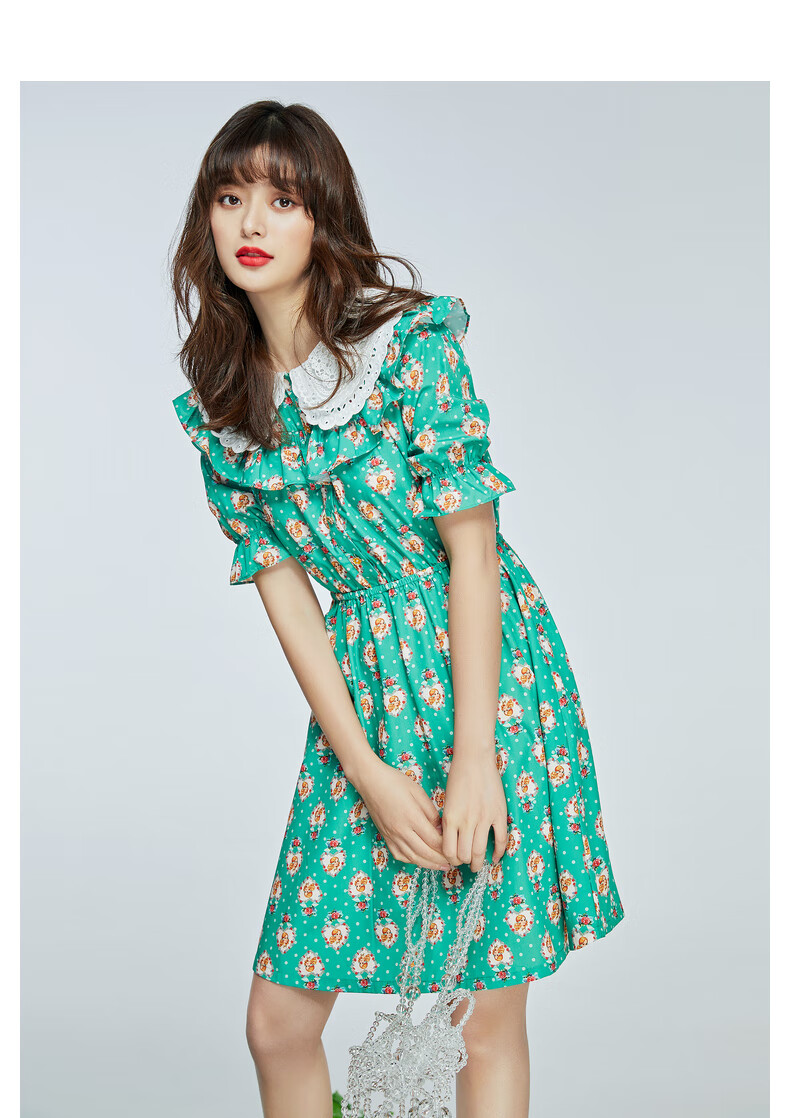 mikibana米可芭娜法式蕾丝碎花娃娃领雪纺连衣裙夏装新品d12绿色花s