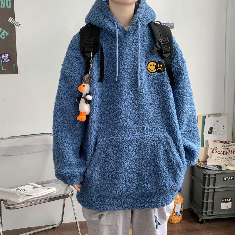 自闭鲨鱼小众设计感加绒加厚羊羔绒卫衣男潮流冬季搞怪学生连帽外套