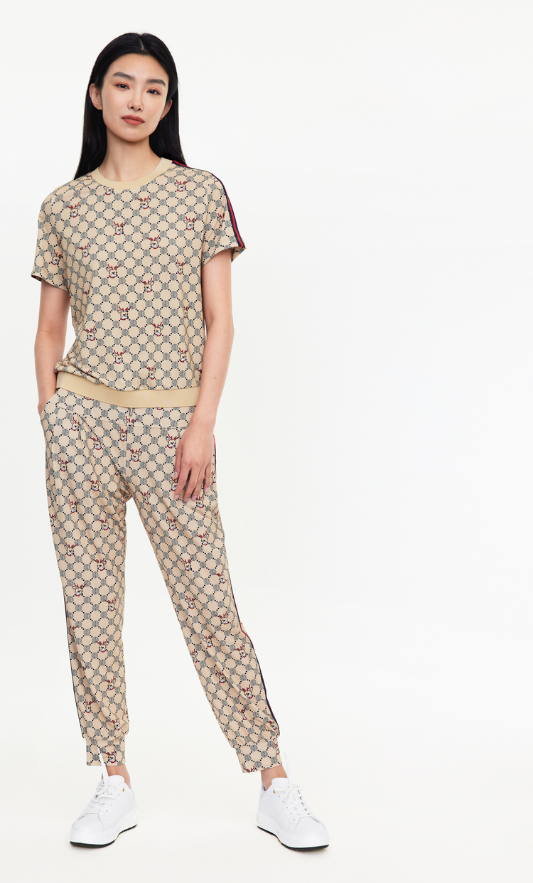 勒芬春夏新品女士圆领满印bg字母九色鹿图案短袖t恤休闲上衣撞色女装