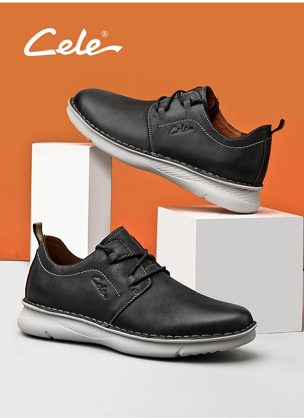 cele策乐男鞋春季青年休闲皮鞋男士低帮板鞋靴韩版防滑软底驾车鞋头层