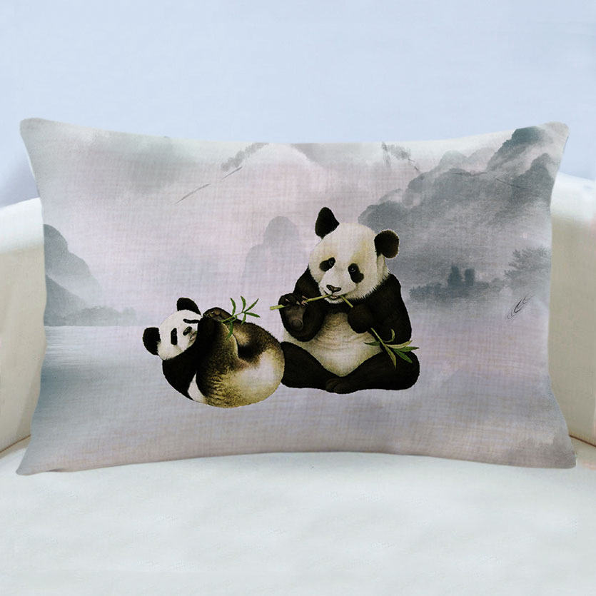 万燊国风水墨熊猫抱枕沙发卧室床上靠垫套亚麻车载靠腰枕书房餐椅靠背