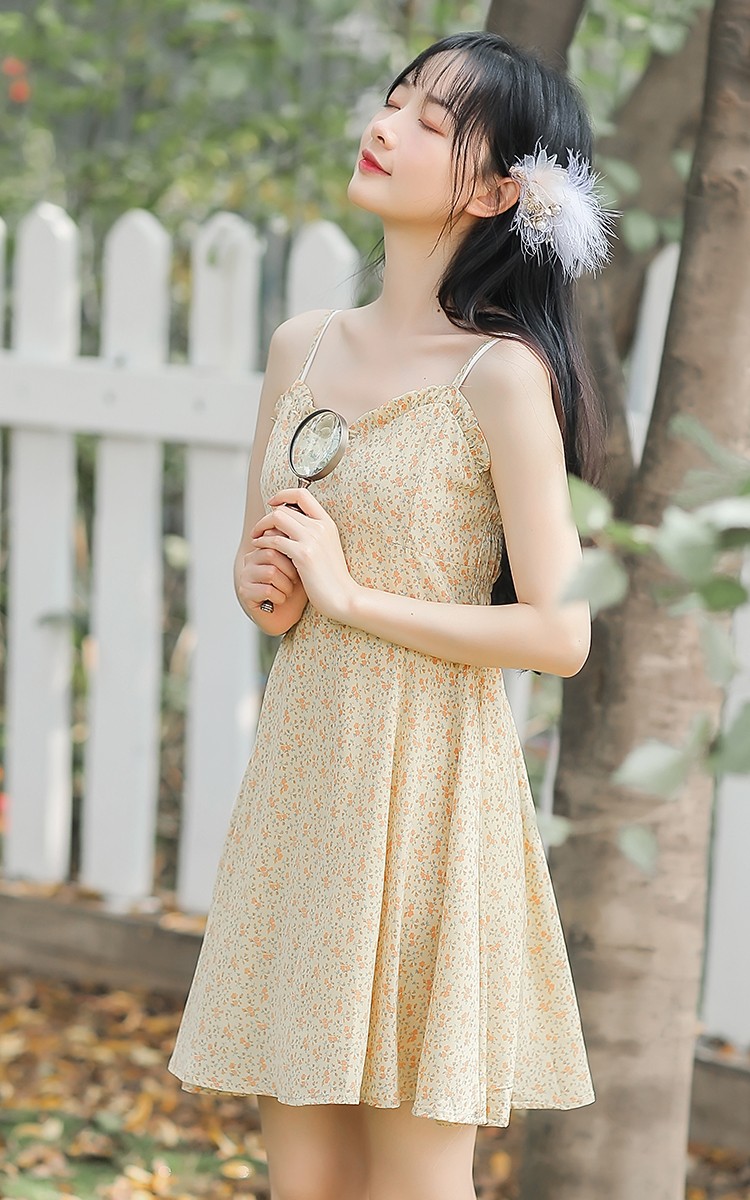 甄虹2021新款温柔小清新碎花吊带裙 6520黄色吊带裙 s