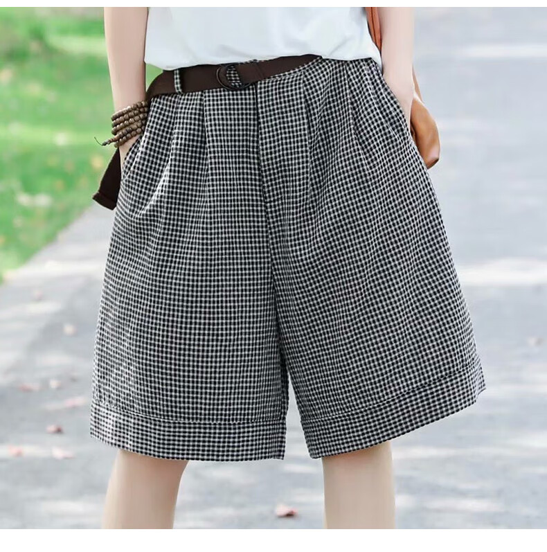 红蜻蜓送腰带棉麻短裤女休闲宽松亚麻阔腿裤夏天外穿松紧腰麻料五分