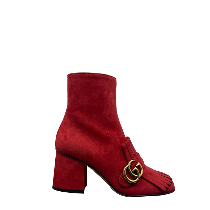 gucci古驰女士经典红色磨砂皮marmont流苏短靴at408210c2000红色意码