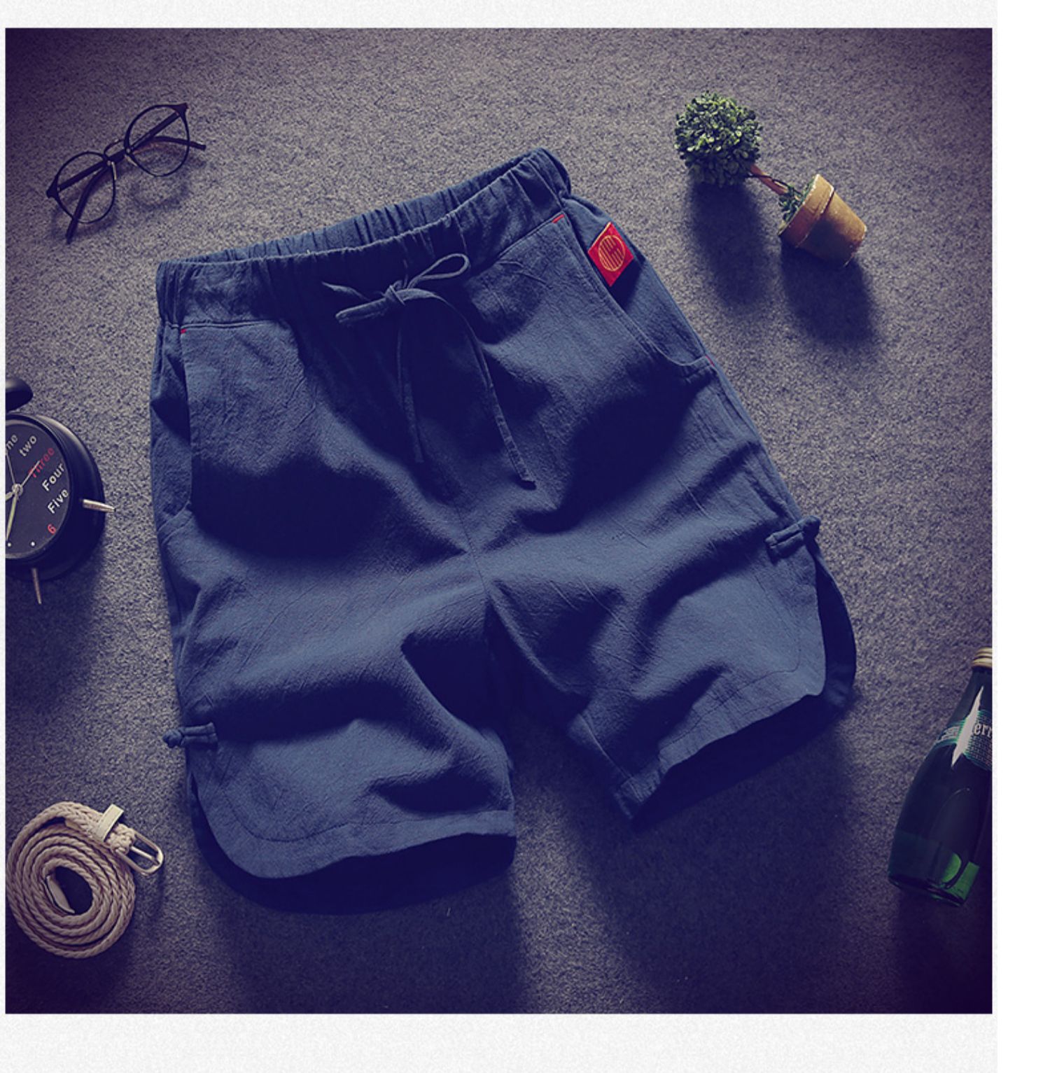 短裤男士亚麻五分裤夏季宽松大码沙滩裤外穿休闲大裤衩5分运动裤 蓝色